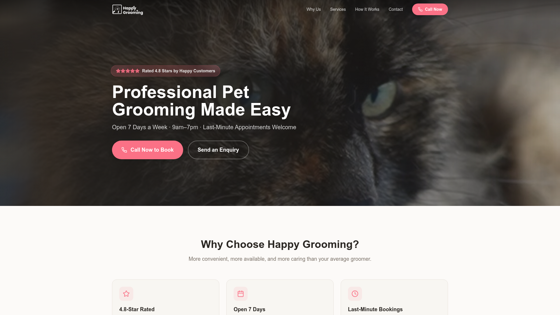 Happy Grooming — Professional pet grooming service with booking integration